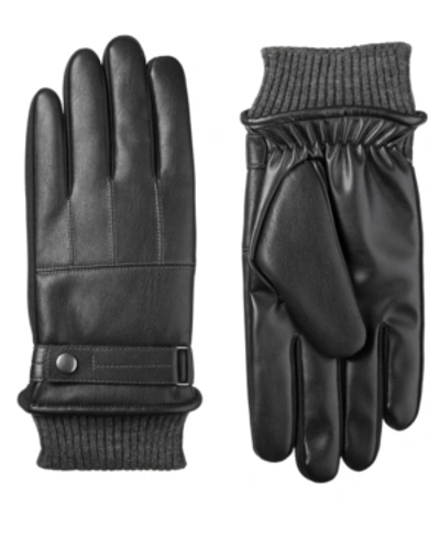 Isotoner Signature Men's Sleekheat Belted Faux Nappa Touchscreen Gloves In Black