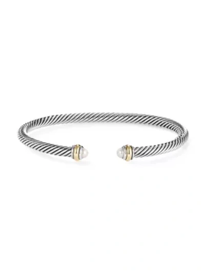 David Yurman Sterling Silver Cable Classic Bracelet With Pearl & 18k Yellow Gold In White/silver