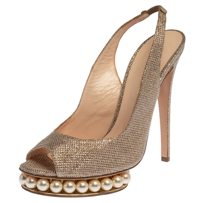 Pre-owned Nicholas Kirkwood Metallic Gold Glitter Fabric Pearl Embellished Platform Slingback Sandals Size 39
