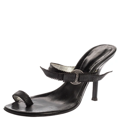 Pre-owned Roberto Cavalli Black Leather Toe Ring Sandals Size 37