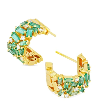 Suzanne Kalan Yellow Gold, White Diamond And Emerald Earrings