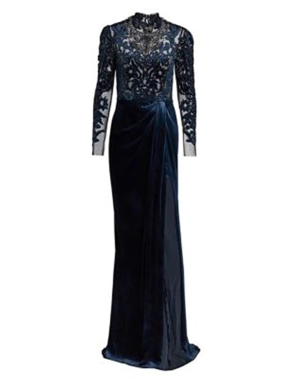 Marchesa Crystal Embroideredvelvet Lace Mockneck Gown In Sapphire
