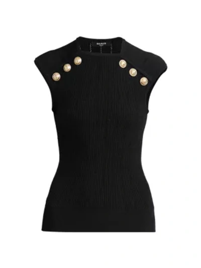 Balmain Short-sleeve Button-detailed Knit Top In Noir