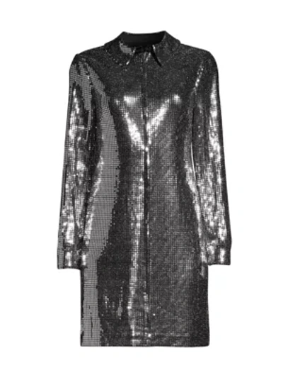 Aidan Mattox Long-sleeve Laminate T-shirt Dress In Black Silver