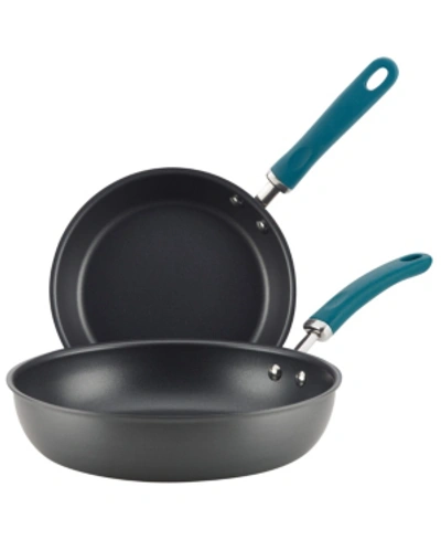 Rachael Ray Create Delicious Hard-anodized Aluminum Nonstick Deep Skillet Twin Pack, 9.5" And 11.75" Handles In Gray With Teal Handles