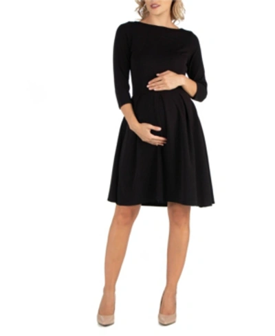 24seven Comfort Apparel Knee Length Fit N Flare Maternity Dress With Pockets In Black