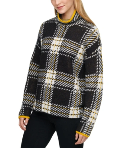 Dkny Plaid Turtleneck Sweater In Black/ivory/yellow