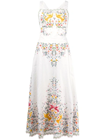 Zimmermann Carnaby Floral-embroidered Linen Midi Dress In White,yellow,green