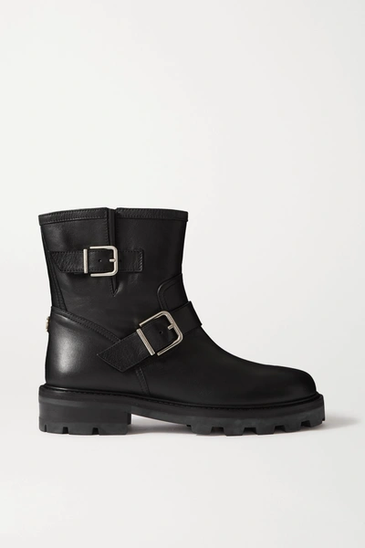 Jimmy Choo Youth Buckled Crinkled-leather Ankle Boots In Black
