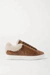 SEE BY CHLOÉ SHEARLING-TRIMMED LOGO-DEBOSSED LEATHER SNEAKERS