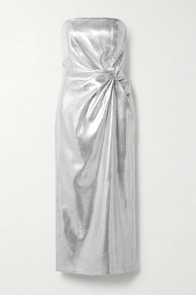 16arlington Himawari Strapless Knotted Sequined Crepe Midi Dress In Silver