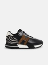 Hogan H383 Sneaker In Black Leather With Animalier Inserts In Black