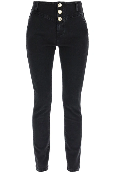 Alessandra Rich Slim Jeans With Jewel Buttons In Black