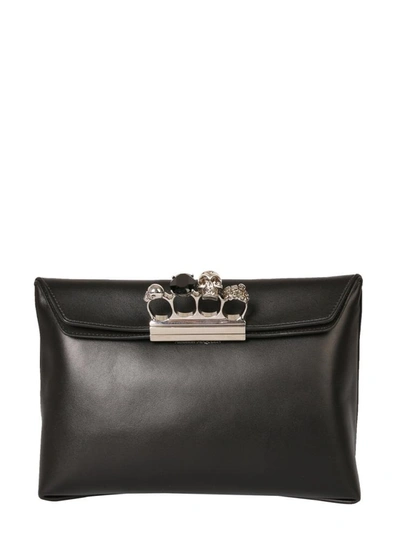 Alexander Mcqueen Four-ring Skull-embellished Leather Pouch In Black
