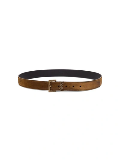 Saint Laurent Suede Leather Belt With Logo Buckle In Brown