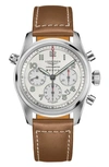 Longines Spirit 42mm Stainless Steel & Leather-strap Chronograph Watch In Tan/ White/ Silver