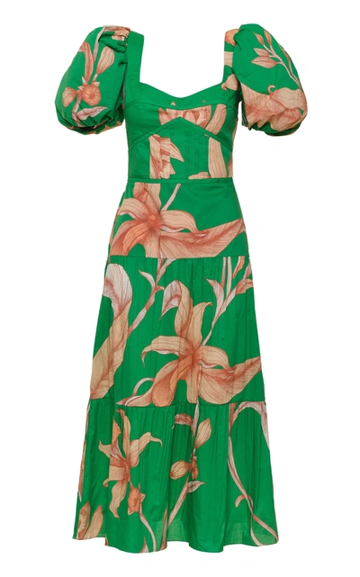 Johanna Ortiz Colourful Culture Tiered Floral-print Organic Cotton-poplin Midi Dress In Emerald