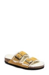 Birkenstock Arizona Genuine Shearling Slide Sandal In Ochre Suede