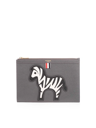 Thom Browne Document Pouch With Zebra Patch In Med Grey