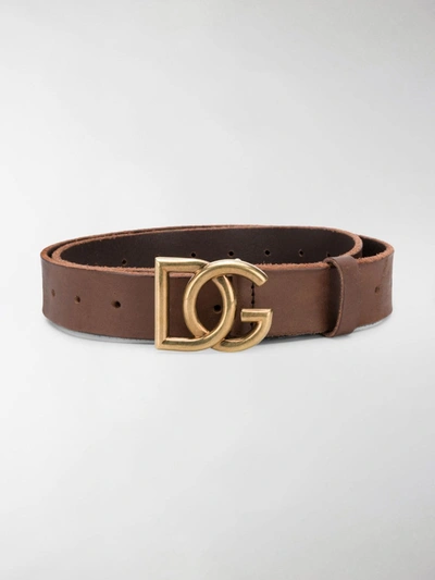 Dolce & Gabbana Split-grain Leather Belt With Crossover Dg Logo In Brown