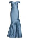 Aidan Mattox Off-the-shoulder Ruffle Satin Gown In Stormy Sky