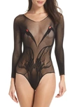 Hauty Jazmen Hosiery Knit Bodysuit Lingerie With Crane Print In Black