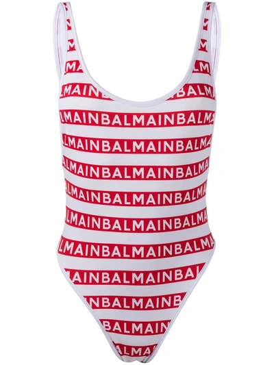 Balmain Logo Pattern Swimsuit In White