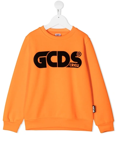 Gcds Kids' Logo印花罗纹边饰套头衫 In Orange
