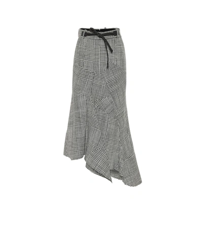 Tom Ford Prince Of Wales Plaid Godet Leather Tie Skirt In Black Chalk