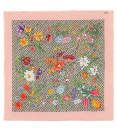 Gucci Gg Flora Print Silk Twill Scarf In Beige Pink
