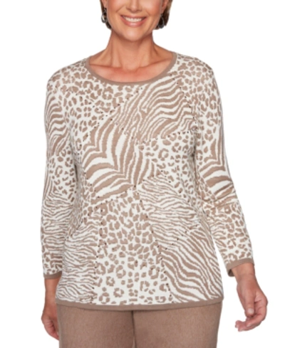 Alfred Dunner Petite First Frost Animal-print Jacquard Sweater In Toast