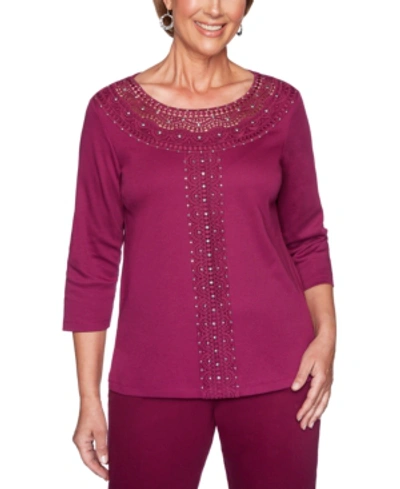 Alfred Dunner Petite Autumn Harvest Crochet-trim Top In Mulberry