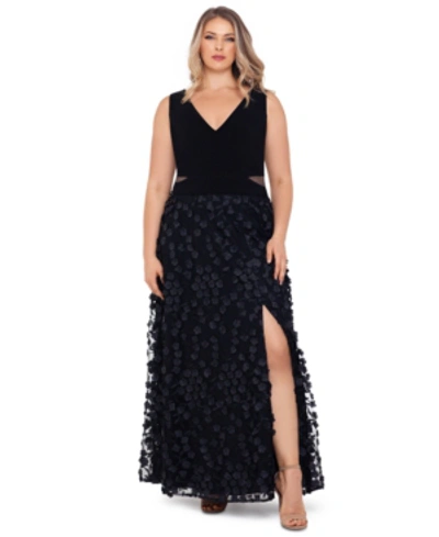 Xscape Plus Size 3d-flower-skirt Gown In Black