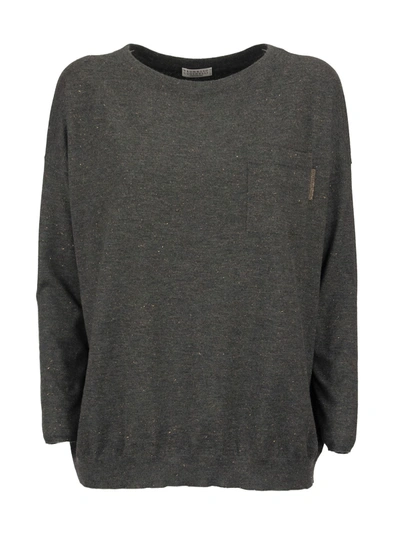 Brunello Cucinelli Sparkling Cashmere Sweater With Shiny Tab In Lignite