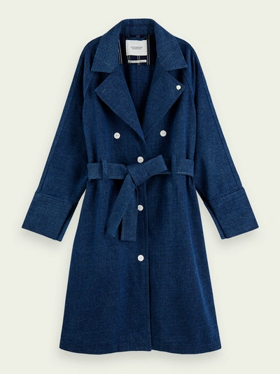 Scotch & Soda Long Belted Denim Trench Coat In Blue