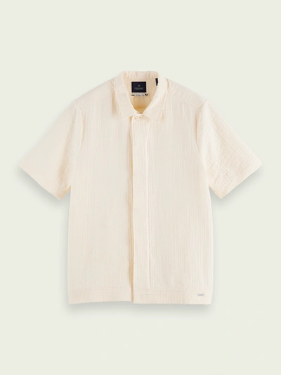 Scotch & Soda Cotton-blend Short Sleeve Sashiko Shirt In Ecru
