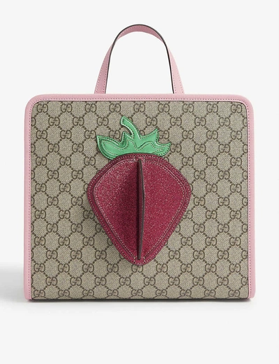Gucci Kids Strawberry Logo-print Canvas Tote Bag In Beige
