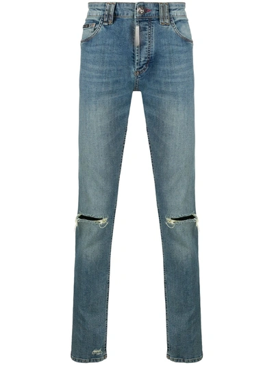 Philipp Plein Distressed Straight Jeans In Blue