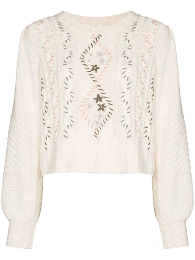 Loveshackfancy Leni Cable Knit Floral Sweater In White