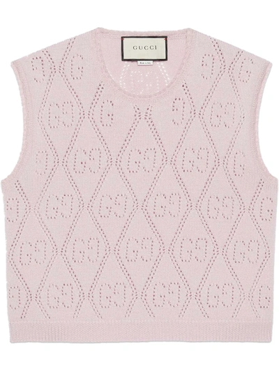 Gucci Gg Perforated Knitted Cropped Waistcoat In Pink