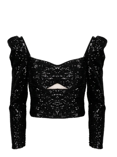 Self-portrait Draped Top Crop In Sequins In Black