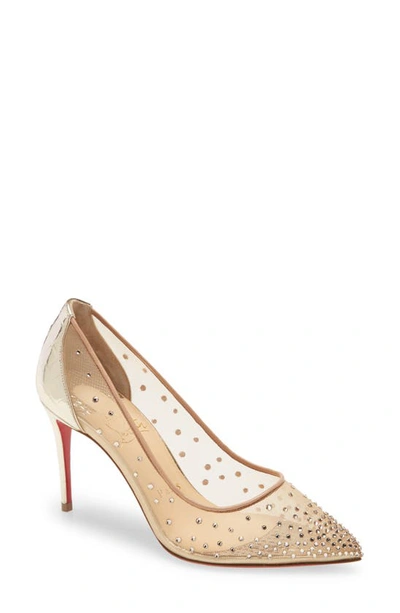 Christian Louboutin Follies 85 Crystal-embellished Mesh And Glittered-leather Pumps In Beige