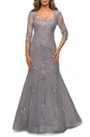 La Femme Long Lace Mermaid Gown With Square Neckline In Silver