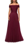 La Femme Tulle Off The Shoulder A-line Dress With Rhinestones In Burgundy