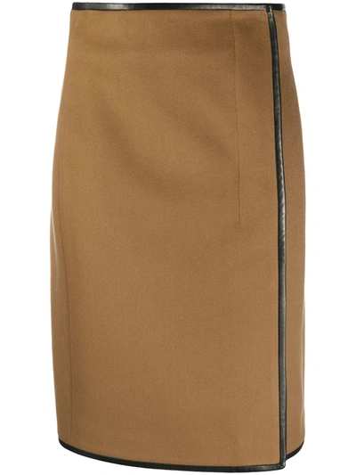 Saint Laurent Leather-trimmed Wool And Cashmere-blend Wrap Skirt In Brown