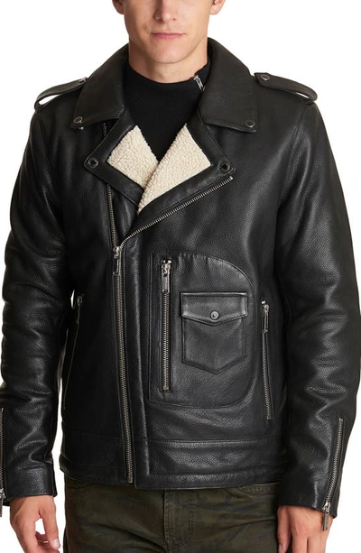 Karl Lagerfeld Asymmetrical Leather Moto Jacket With Faux Shearling Lining In Black