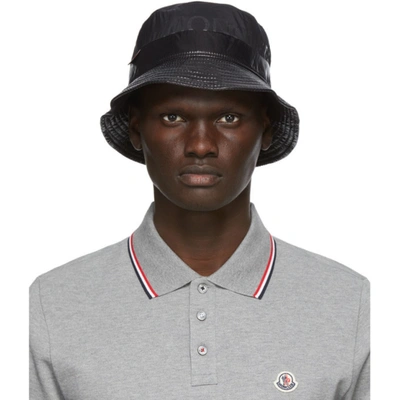 Moncler Black Logo Bucket Hat In Navy