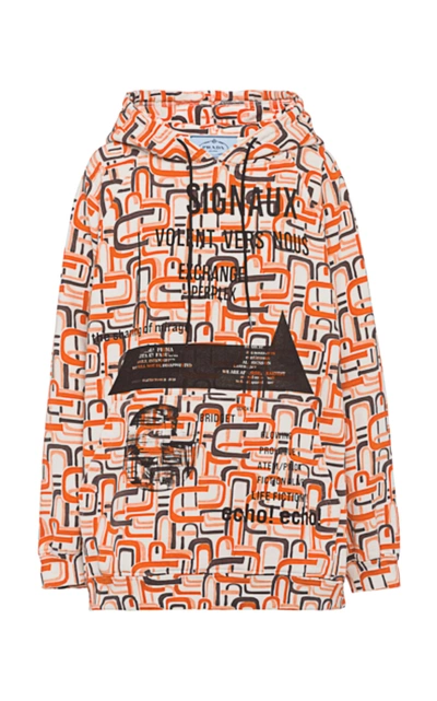 Prada Drawstring Printed Cotton Hooded Sweatshirt In Black,white