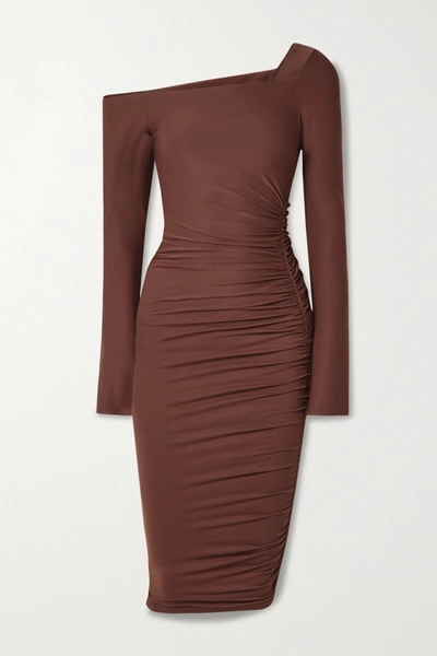 Alix Nyc Chambers One-shoulder Ruched Stretch-jersey Midi Dress In Brown
