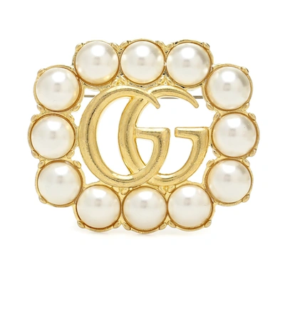 Gucci Double G Pearl-embellished Brooch In Gold